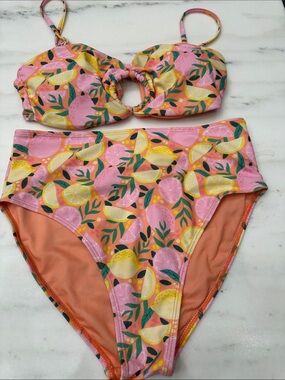 Pink Lily small  Pink Citrus Print Two-Piece Swim Set.  Like new